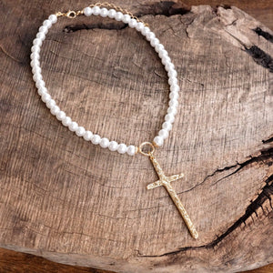 Primitive Cross Gold Pearl Necklace