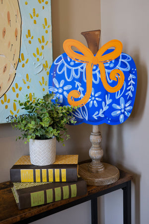 Blue Chinoiserie Bow Pumpkin 12" Doodles By Rebekah Topper