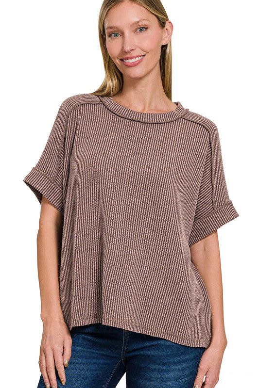Don't Look Back Brown Corded Rib Top