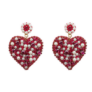 Beaded Heart Pearl Fuchsia Valentine's Day Post Earrings