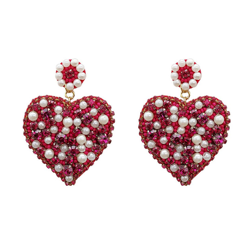 Beaded Heart Pearl Fuchsia Valentine's Day Post Earrings