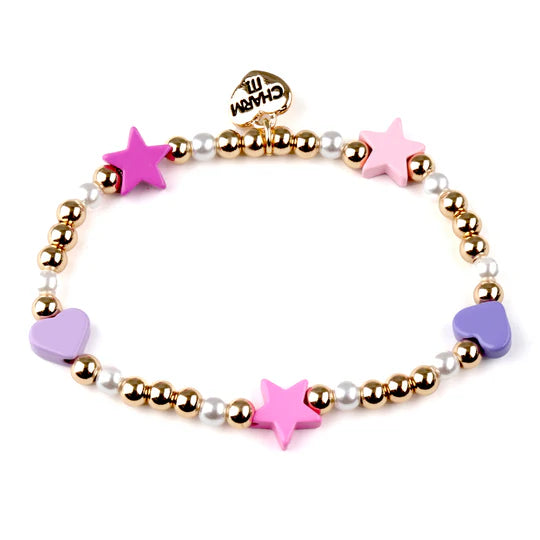 CHARM IT! Multi Heart & Star Pearl Stretch Gold Bead Bracelet