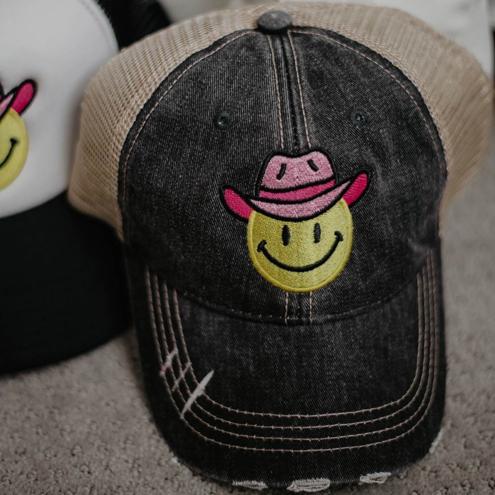 Happy Face Cowboy Black Trucker Hat