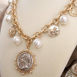 Boho Coin and Pearl Charms Silver Statement Necklace