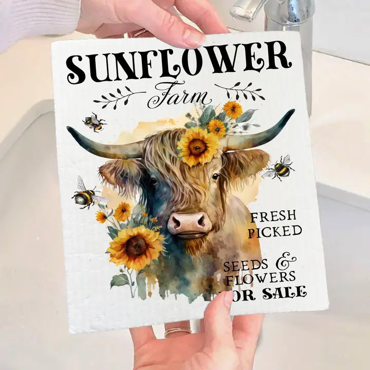 Highland Cow Sunflower Farm Swedish Dish Cloth