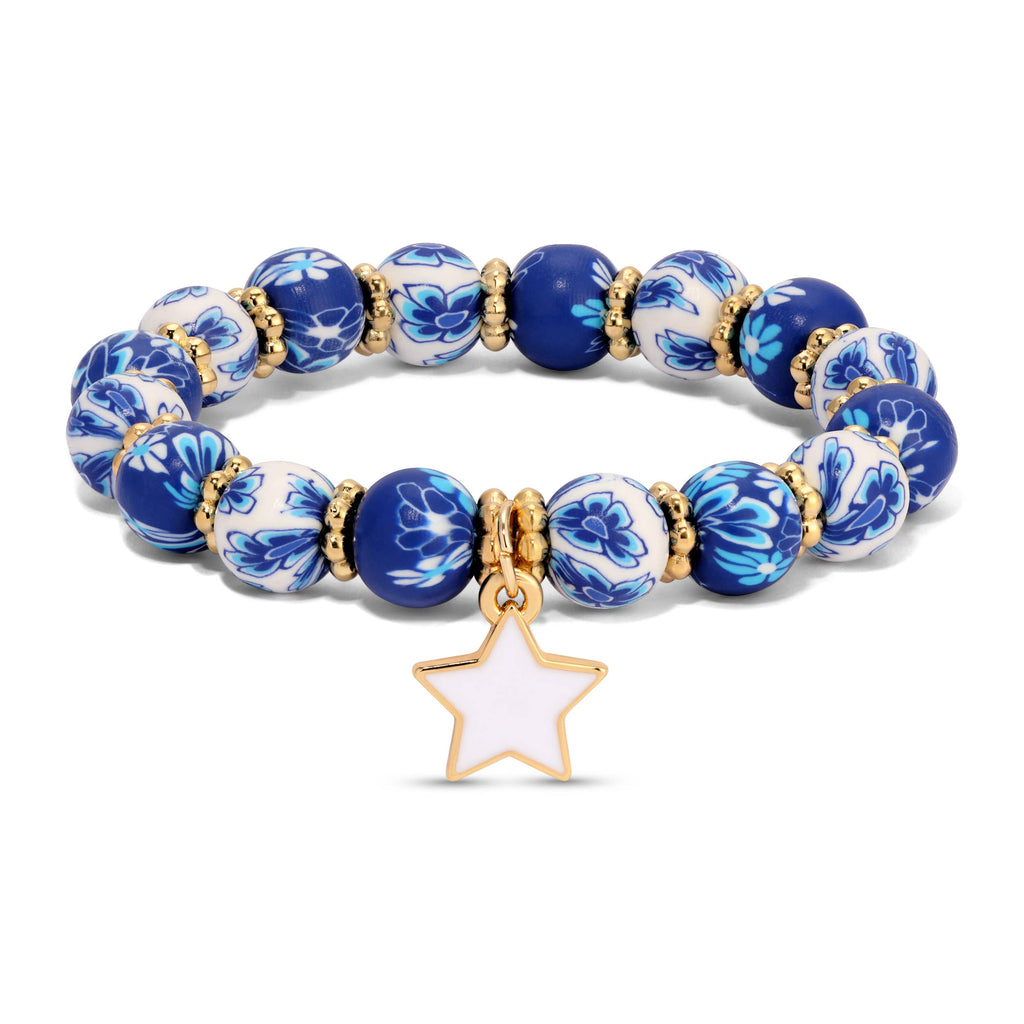 Navy & White Floral Kids Clay Beaded Stretch Charm Bracelets