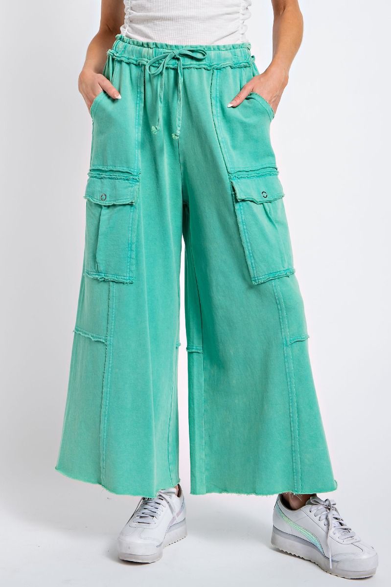 Feeling Good Atlantis Green Mineral Wash Wide Leg Cargo Pants