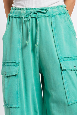 Feeling Good Atlantis Green Mineral Wash Wide Leg Cargo Pants