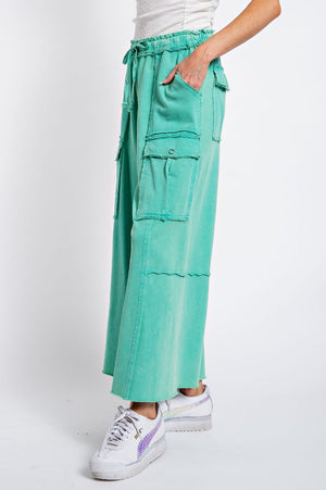 Feeling Good Atlantis Green Mineral Wash Wide Leg Cargo Pants