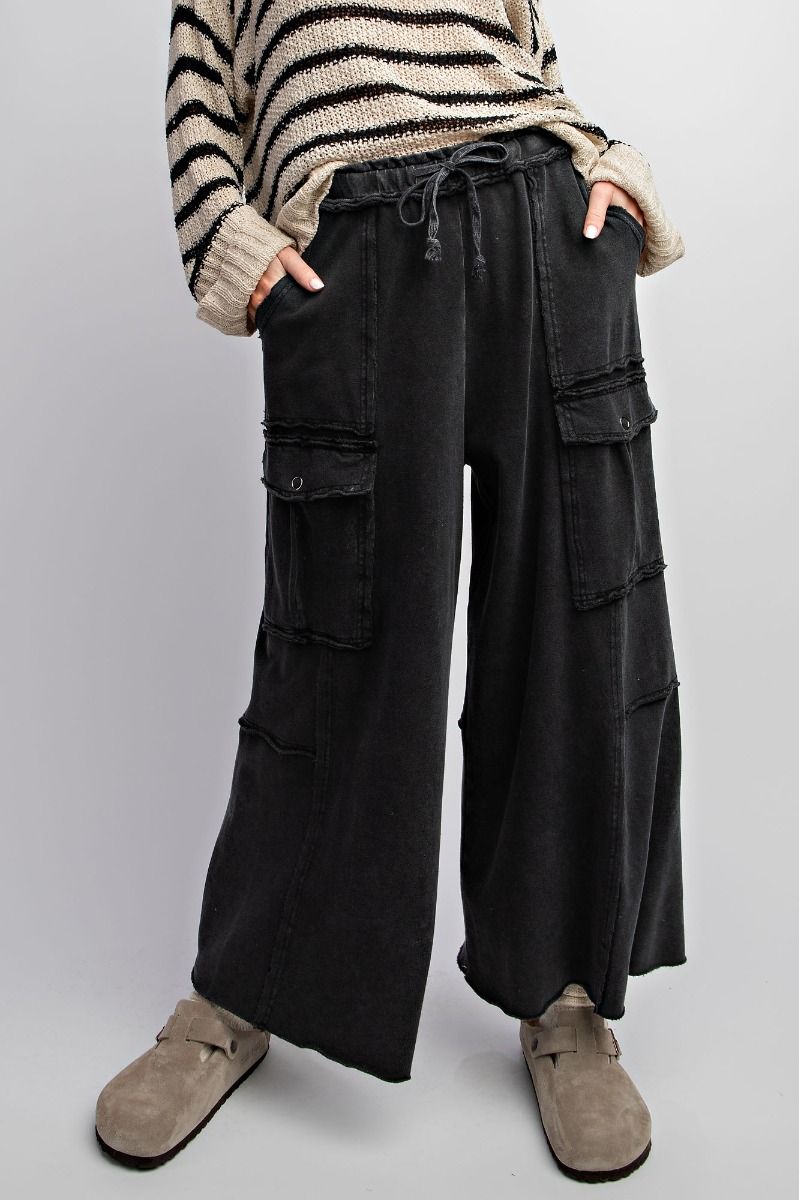 Feeling Good Black Mineral Wash Wide Leg Cargo Pants