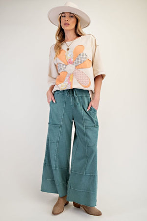 Any Direction Teal Green Mineral Washed Wide Leg Pants