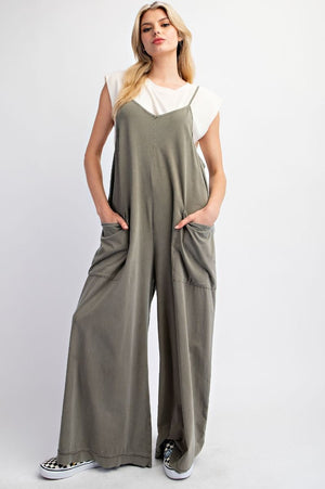 Replay The Night Olive Grey Mineral Washed Cotton Jumpsuit