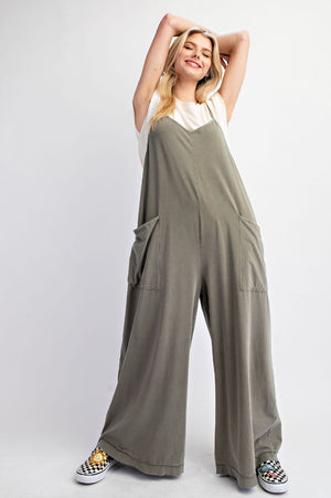 Replay The Night Olive Grey Mineral Washed Cotton Jumpsuit