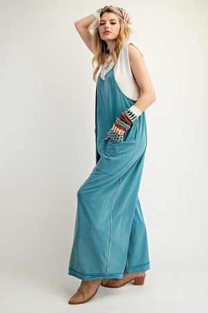 Replay The Night Faded Teal Mineral Washed Cotton Jumpsuit