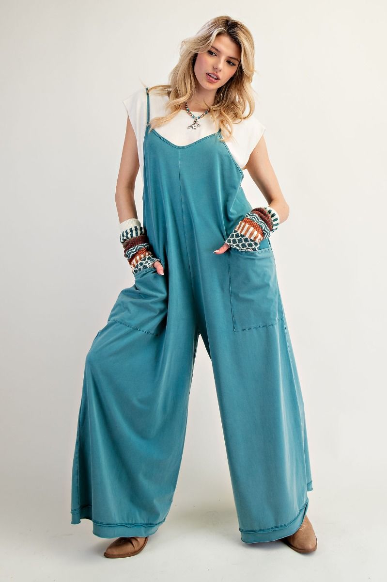 Replay The Night Faded Teal Mineral Washed Cotton Jumpsuit