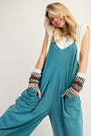 Replay The Night Faded Teal Mineral Washed Cotton Jumpsuit