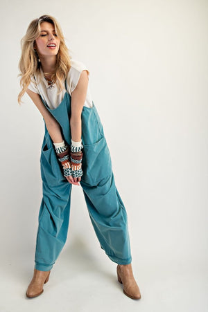 Replay The Night Faded Teal Mineral Washed Cotton Jumpsuit