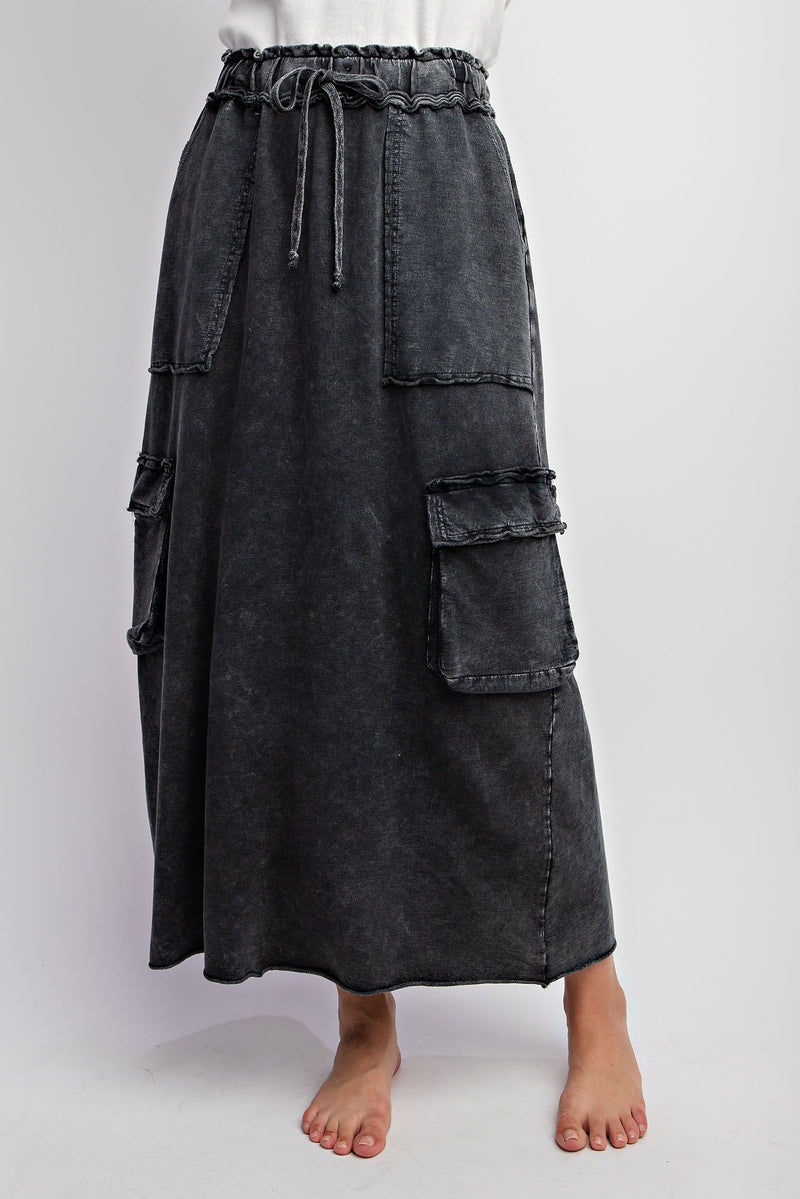 Moving On Tie Waisted Mineral Washed Terry Knit Cargo Skirt