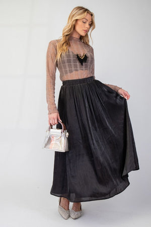 Gilded Grace Black Silky Satin Maxi Skirt