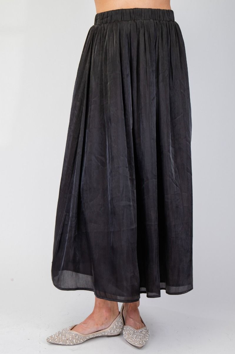 Gilded Grace Black Silky Satin Maxi Skirt