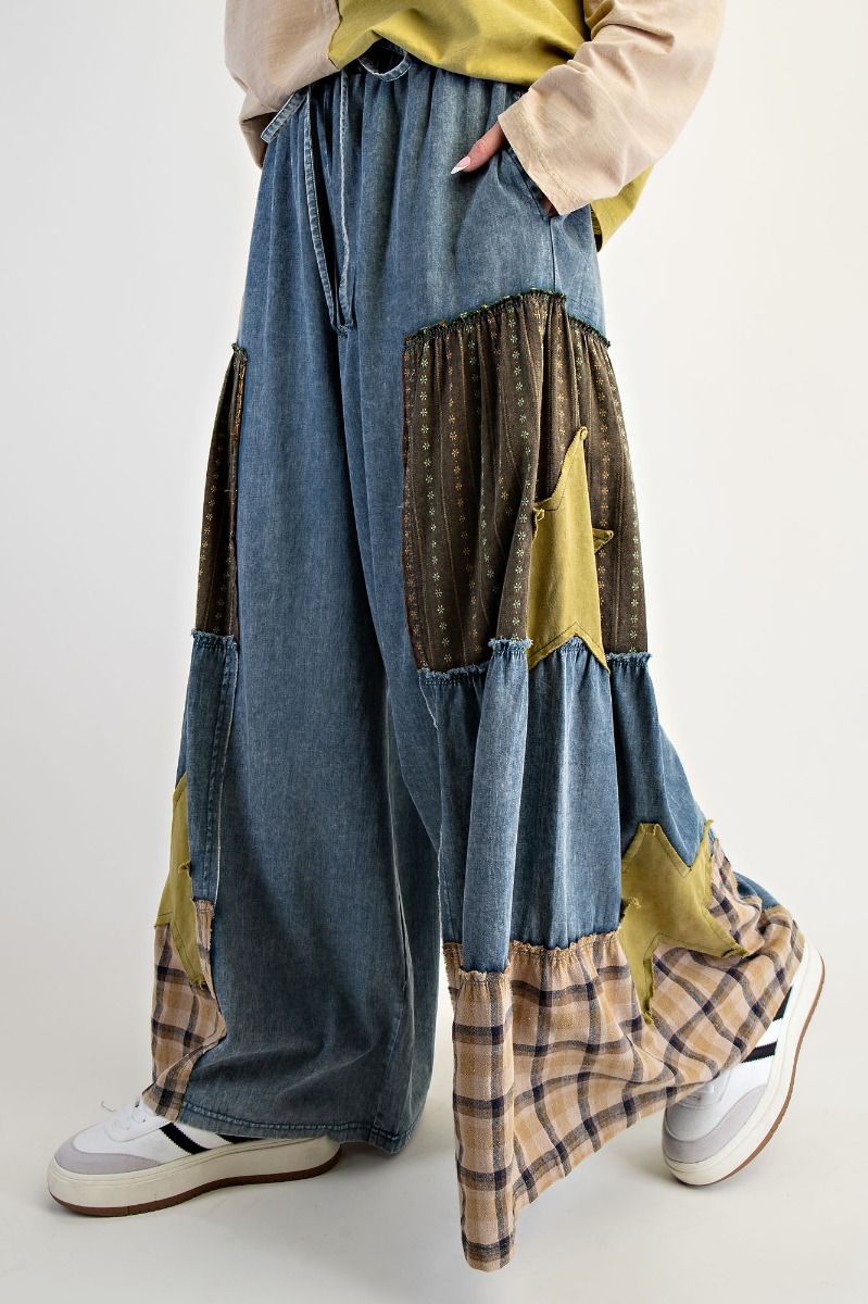 Starstruck Patchwork Mixed Print Washed Denim Pants