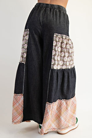 Boho Dreamscape Washed Black Denim Patchwork Palazzo Pants