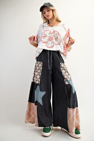 Boho Dreamscape Washed Black Denim Patchwork Palazzo Pants