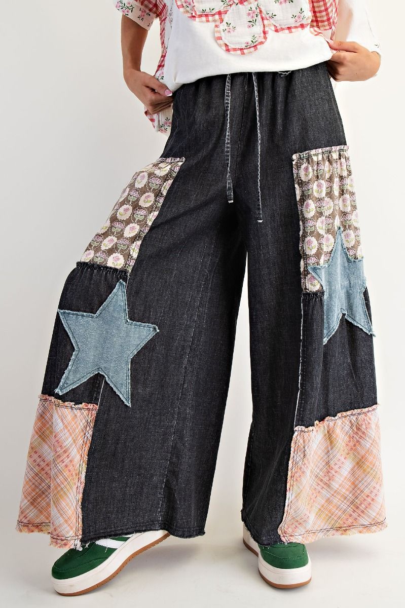 Boho Dreamscape Washed Black Denim Patchwork Palazzo Pants