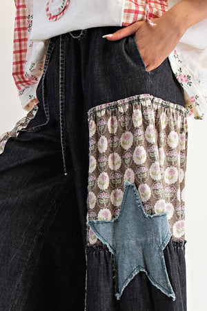Boho Dreamscape Washed Black Denim Patchwork Palazzo Pants