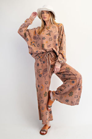 Wildflower Walk Mocha Mousse Floral Print Terry Pants
