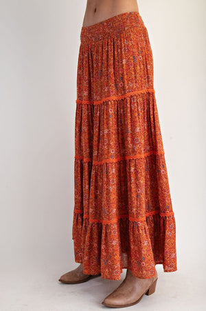 Saffron Meadows Floral Printed Gauze Tiered Maxi Skirt