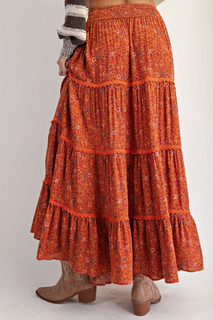 Saffron Meadows Floral Printed Gauze Tiered Maxi Skirt