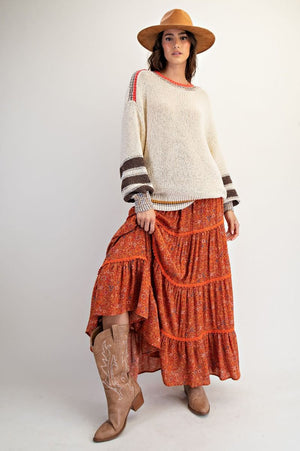 Saffron Meadows Floral Printed Gauze Tiered Maxi Skirt