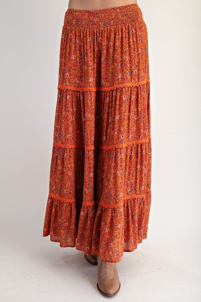 Saffron Meadows Floral Printed Gauze Tiered Maxi Skirt