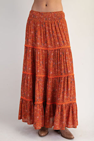 Saffron Meadows Floral Printed Gauze Tiered Maxi Skirt