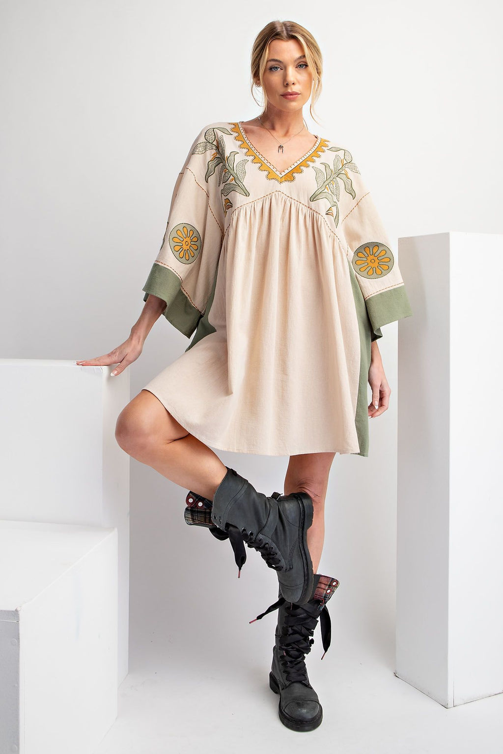 Irresistibly Yours Khaki & Olive Embroidered Woven Dress