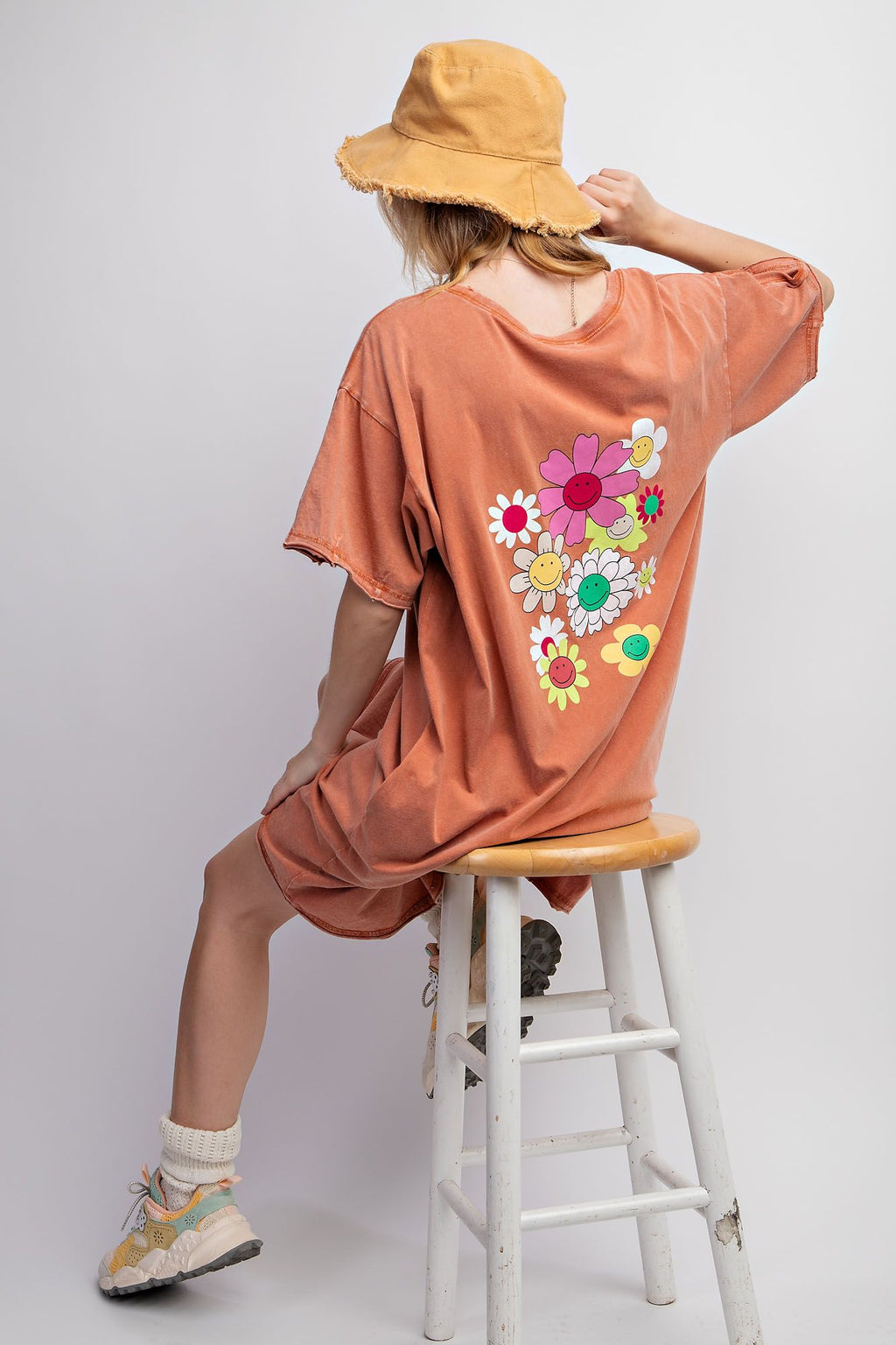 Happy Blooms Floral Print Washed TShirt Dress