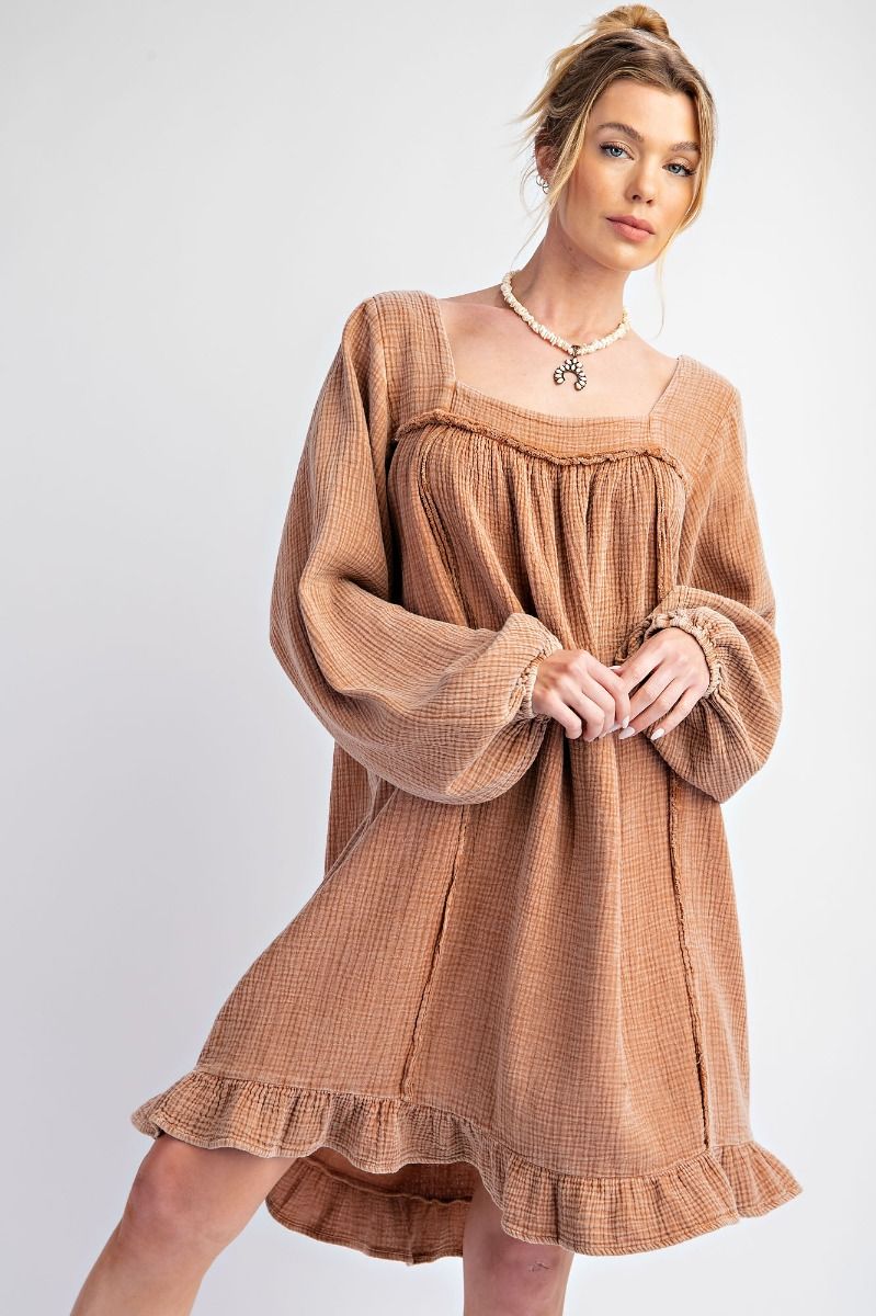 Whispered Ruffles Camel Washed Cotton Gauze Ruffle Dress