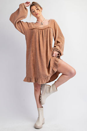 Whispered Ruffles Camel Washed Cotton Gauze Ruffle Dress