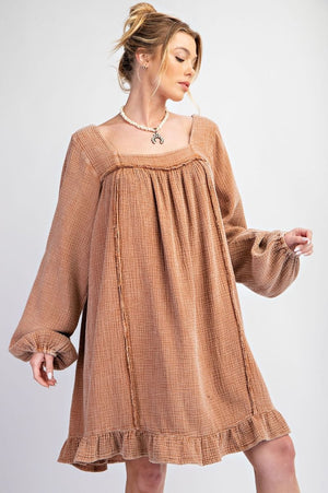 Whispered Ruffles Camel Washed Cotton Gauze Ruffle Dress