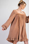 Whispered Ruffles Camel Washed Cotton Gauze Ruffle Dress