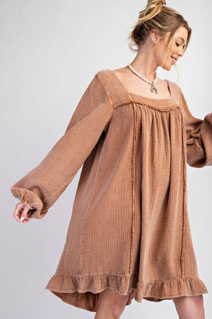 Whispered Ruffles Camel Washed Cotton Gauze Ruffle Dress