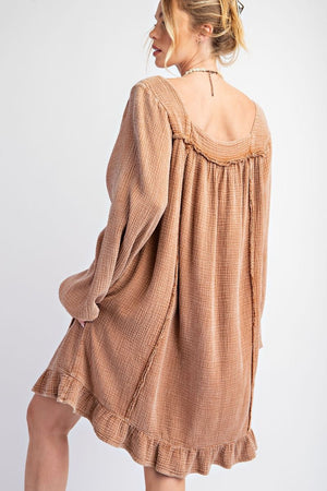 Whispered Ruffles Camel Washed Cotton Gauze Ruffle Dress