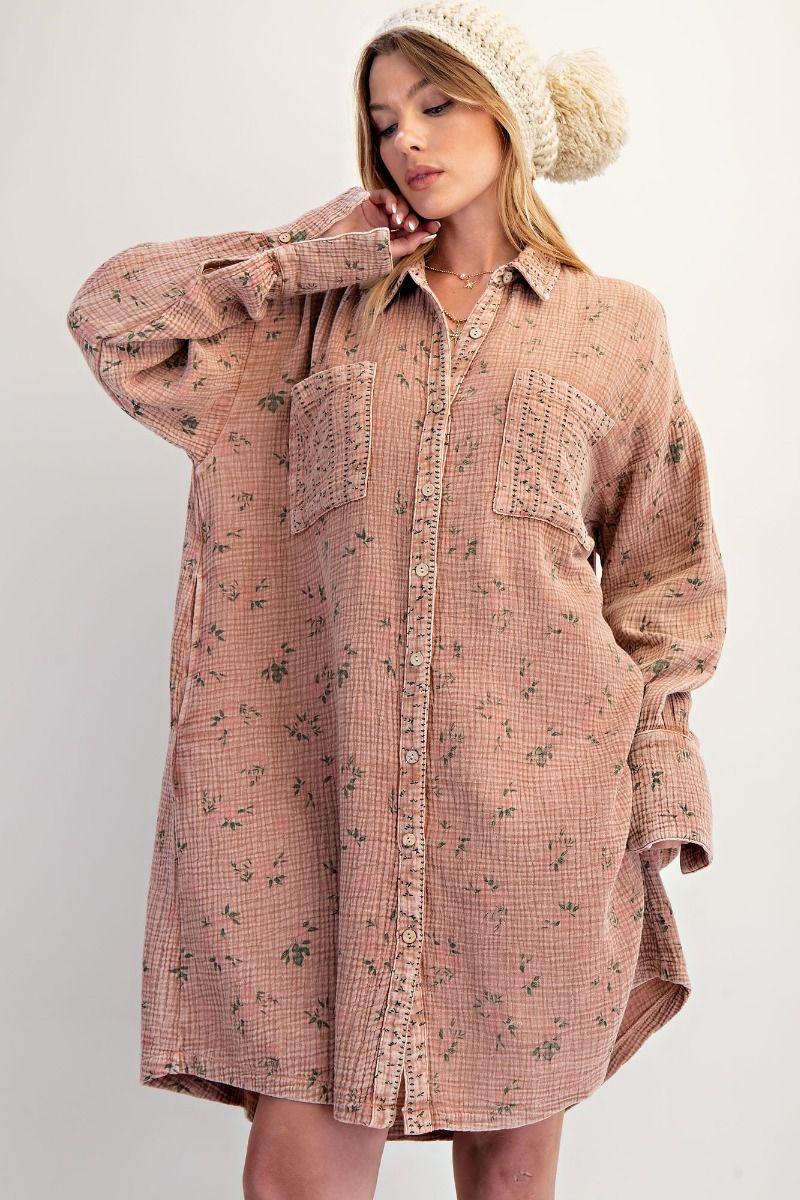 Mocha Mousse Daydream Cotton Gauze Washed Shirt Dress