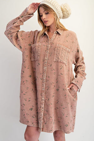 Mocha Mousse Daydream Cotton Gauze Washed Shirt Dress