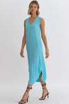Cool Breezes Sky Ribbed V-Neck Sleeveless Midi Dress
