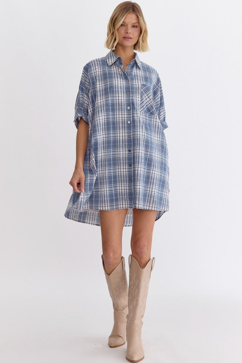 Get In Line Plaid Collared Button Up Dress