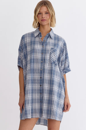 Get In Line Plaid Collared Button Up Dress