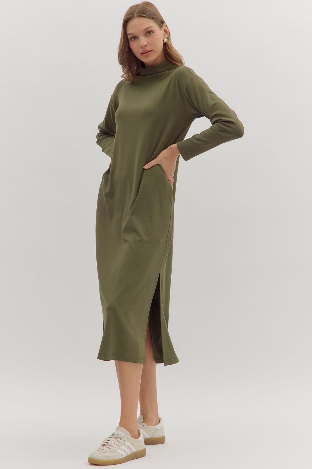 Rowan Olive Mock Neck Midi Dress