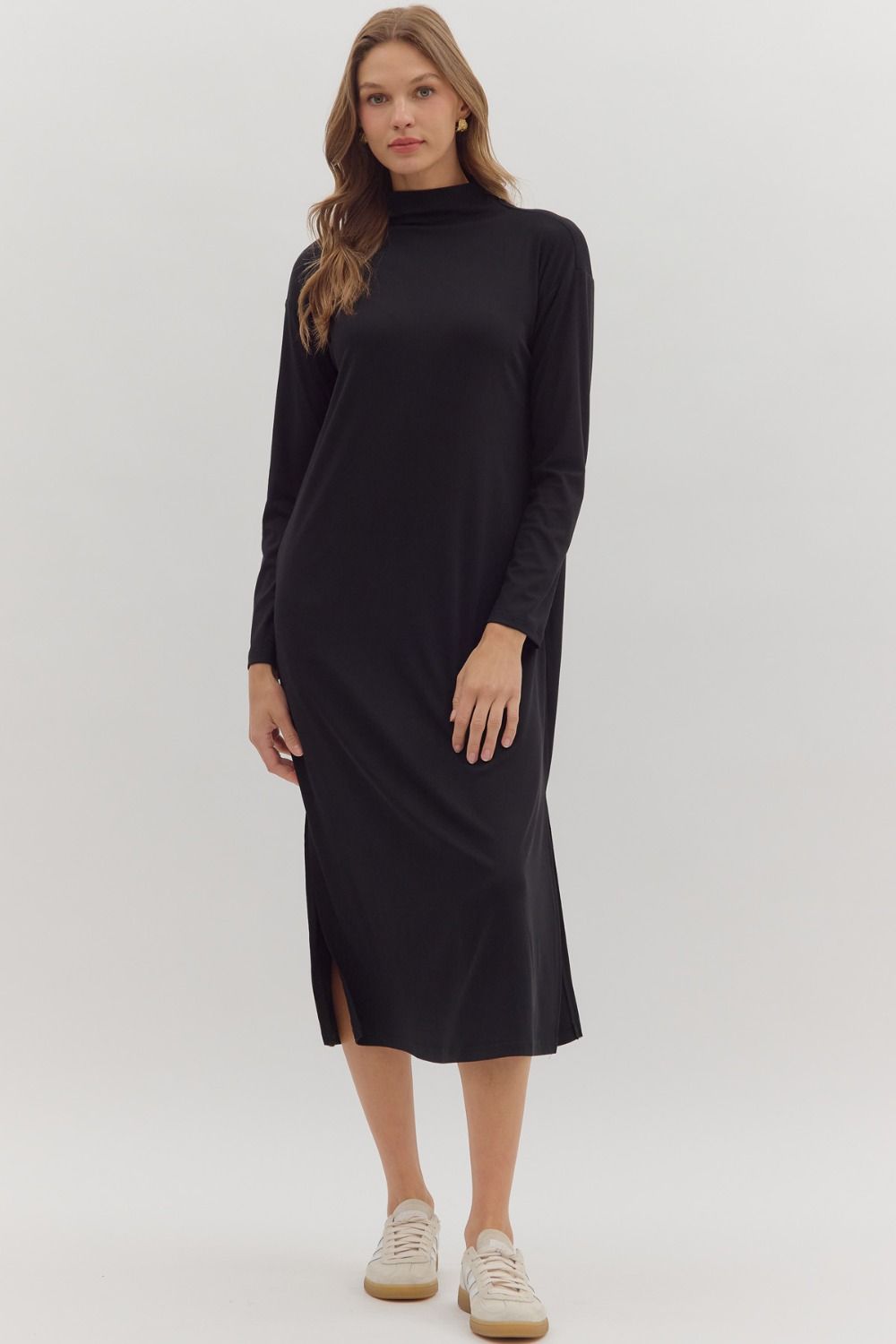 Rowan Black Mock Neck Midi Dress